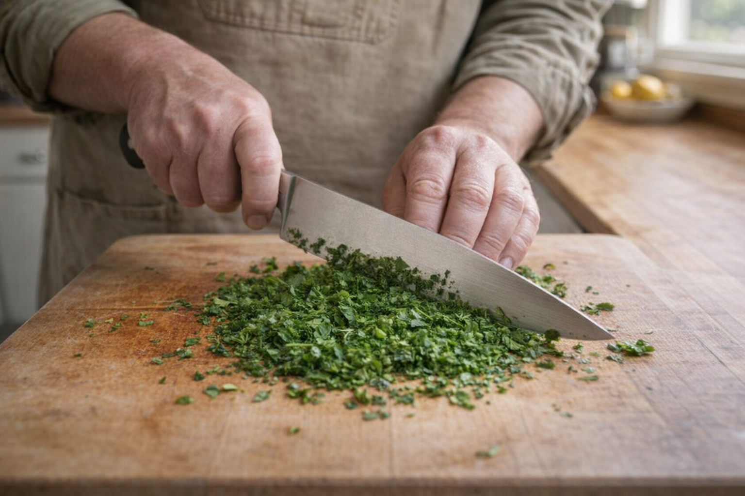A medium shot of hands chopping parsley on a wooden cutting board with a silver chef's knife, bright kitchen lighting.